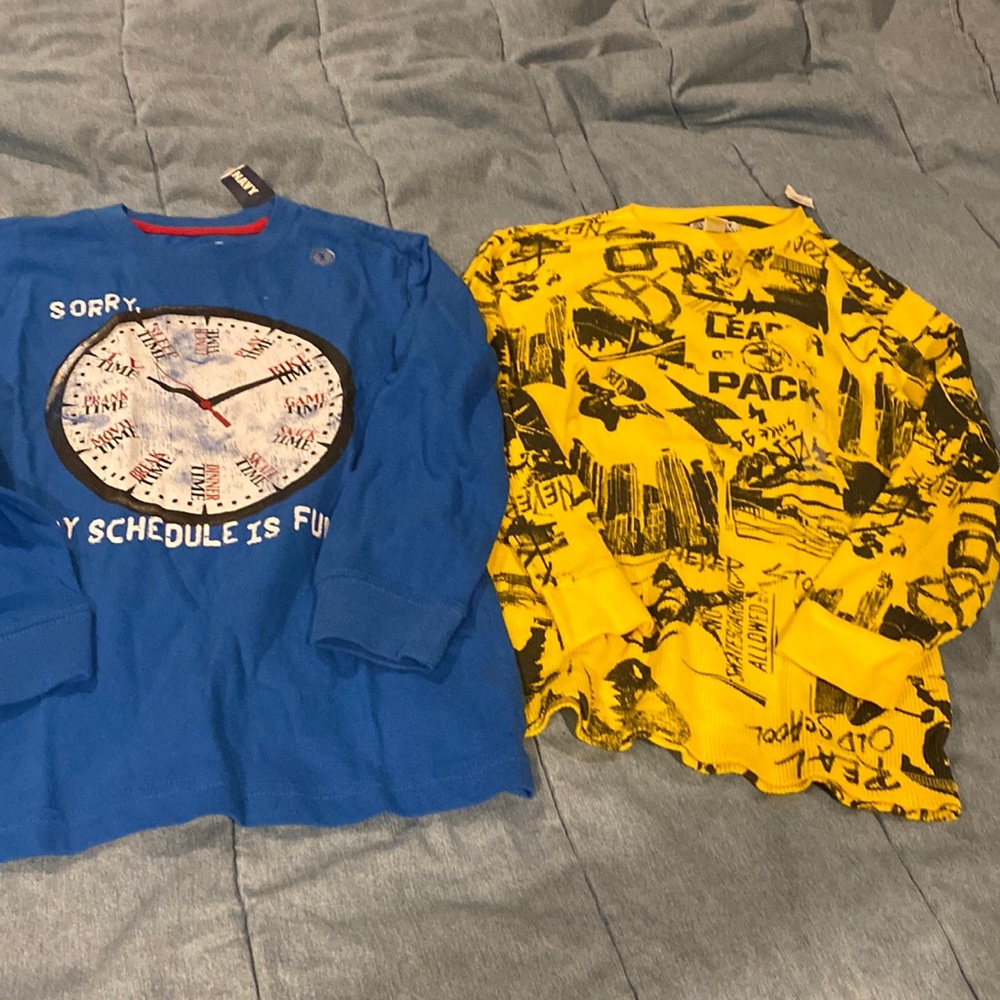 2 new nwt boys shirts old navy blue t shirt clock & thermal graphic yellow shirt